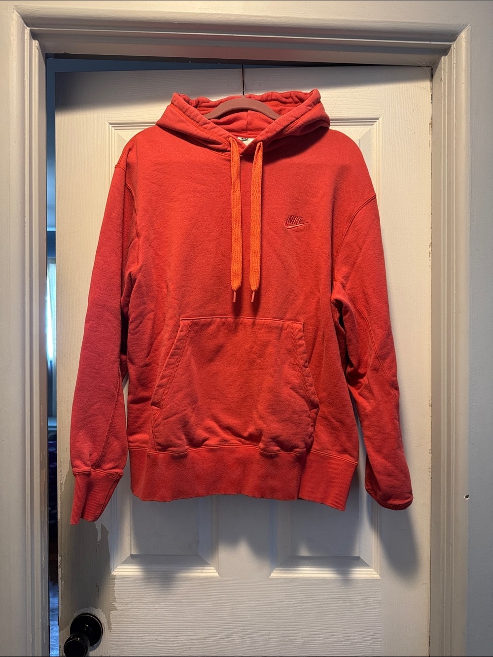 Nike Coral Red Pullover Hoodie with Orange Drawstrings